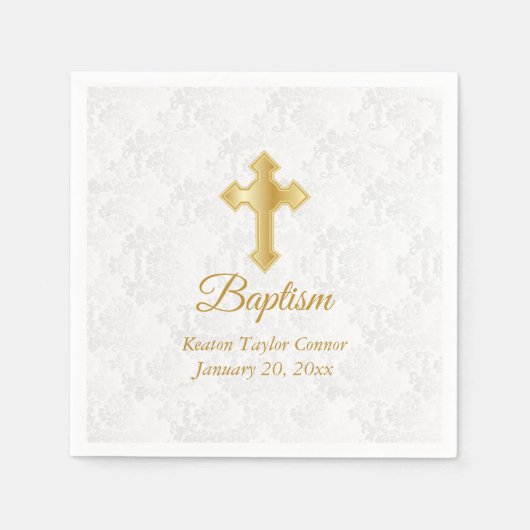 Serviette En Papier Baptême personnalisé en blanc et or (Devant)