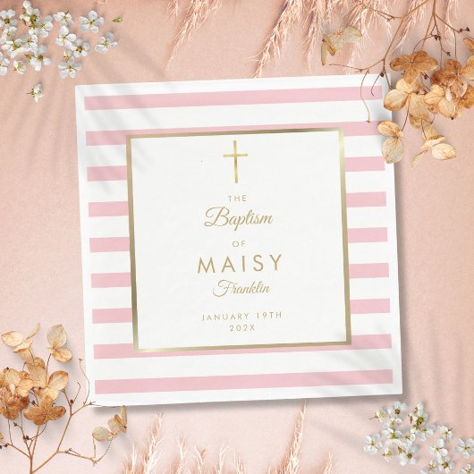 Serviette En Papier Baptême Rayure Or Et Rose