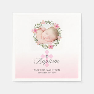 Serviette En Papier Baptême Rose Blanc Fille Croix Florale PHOTO
