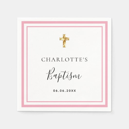 Serviette En Papier Baptême rose blanc nom fille simple (Devant)