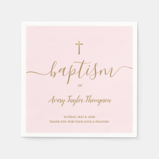 Serviette En Papier Baptême rose Gold Cross Personnalisé (Devant)