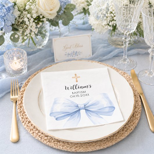 Serviette En Papier Baptême ruban bleu garçon croix dorée