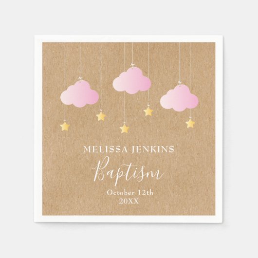 Serviette En Papier Baptême rustique Christening Pink Nuds Gold Stars (Devant)