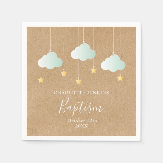 Serviette En Papier Baptême rustique Christening Twinkle Stars (Devant)