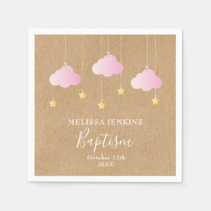 Serviette En Papier Baptême Rustique Nuages Roses Étoiles Dorées