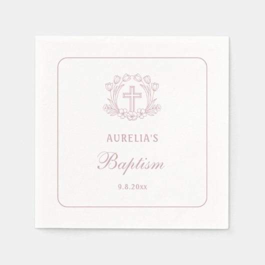 Serviette En Papier Baptême simple de croix rose florale (Devant)