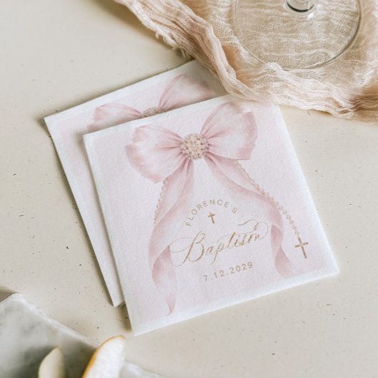 Serviette En Papier Baptism Blush Pink Bow Pearls