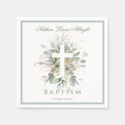 Serviette En Papier Baptism Greenery Leaves Cross  (Devant)