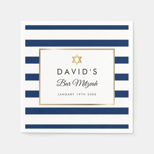 Serviette En Papier Bar Mitzvah Bleu Nuit Blanc Rayure Or (Devant)