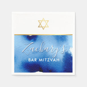 Serviette En Papier BAR MITZVAH étoile or smart bleu aquarelle