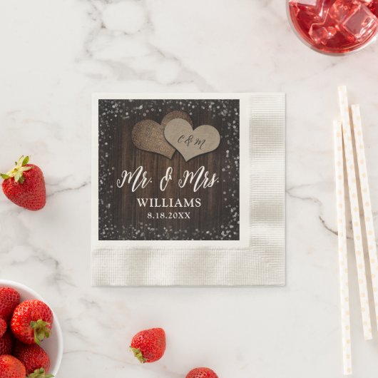 Serviette En Papier Barn Wood Burlap Coeurs Mr & Mrs Mariage (En situation)
