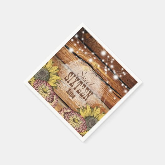 Serviette En Papier Barre Rustique Bois Chaîne Lumières Tournesols (Coin)