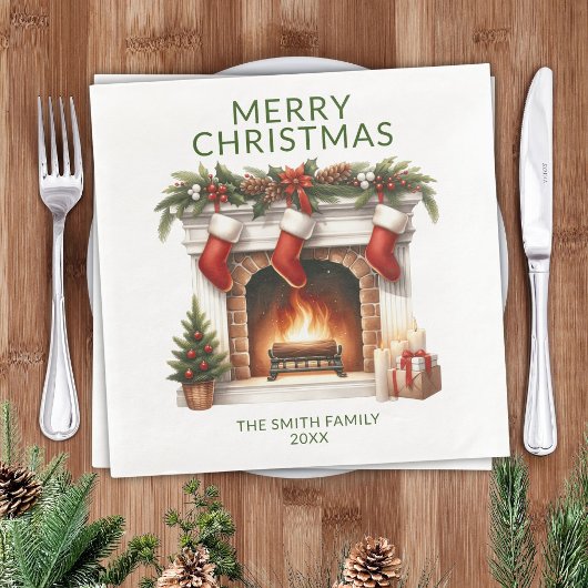 Serviette En Papier Bas de Noël Cheminée Verte Fête de Noël