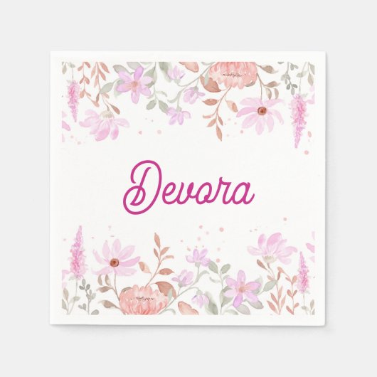 Serviette En Papier Basse mitzva rose florale avec nom (Devant)