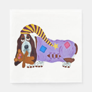Serviette En Papier Basset Hound en pyjama avec un ours en peluche