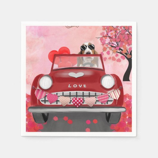 Serviette En Papier Basset Hound voiture avec les coeurs Valentine's (Devant)