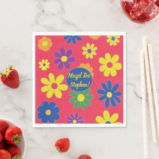 Serviette En Papier Bat BM ou Bar Mitzvah Napkin Fleurs (En situation)