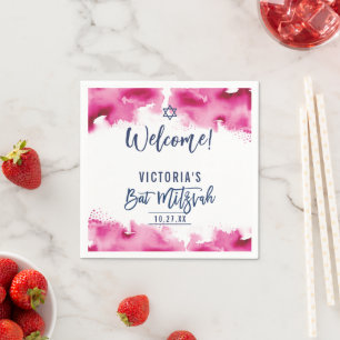 Serviette En Papier BAT MITZVAH écriture moderne aquarelle rose foncé