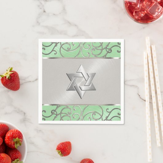 Serviette En Papier Bat mitzvah Elégant Mint Green Silver Filigree (En situation)