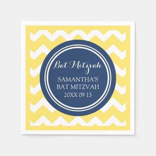 Serviette En Papier Bat mitzvah personnalisé Napkin jaune bleu Chevron (Devant)
