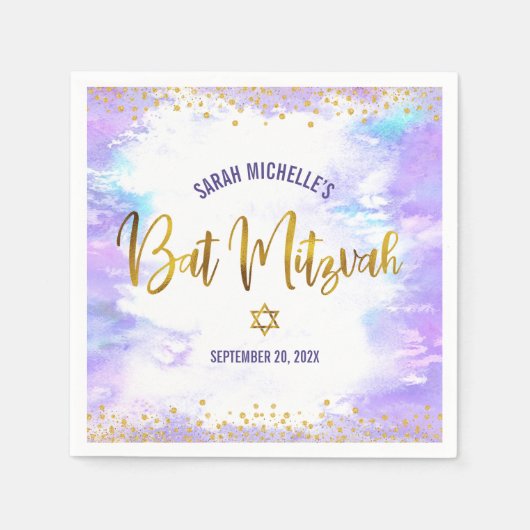 Serviette En Papier Bat mitzvah Purple Aquarelle Gold Script Confetti (Devant)