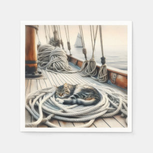 Serviette En Papier Bateau À Voile Tabby Chat Dormir Sur Les Cordes