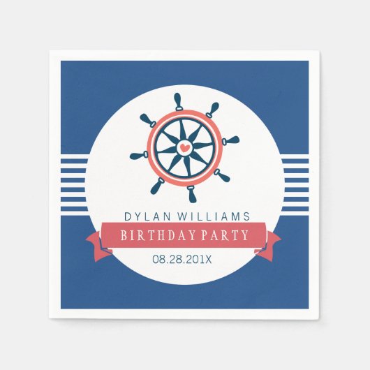 Serviette En Papier Bateau bleu marine Roue et rayures (Devant)