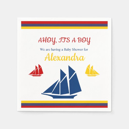 Serviette En Papier Bateau nautique Marine Baby shower bleu jaune roug (Devant)