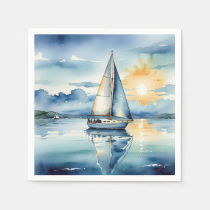 Serviette En Papier Bateau Watercolor Sur Le Lac Au Coucher Du Soleil