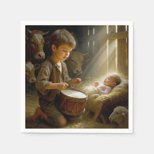 Serviette En Papier Batteur Jouant Son Tambour Pour Baby Jesus (Devant)