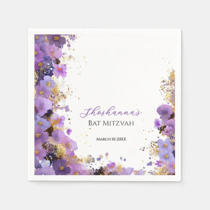 Serviette En Papier Batz Mitzvah Fleurs Violet et Or