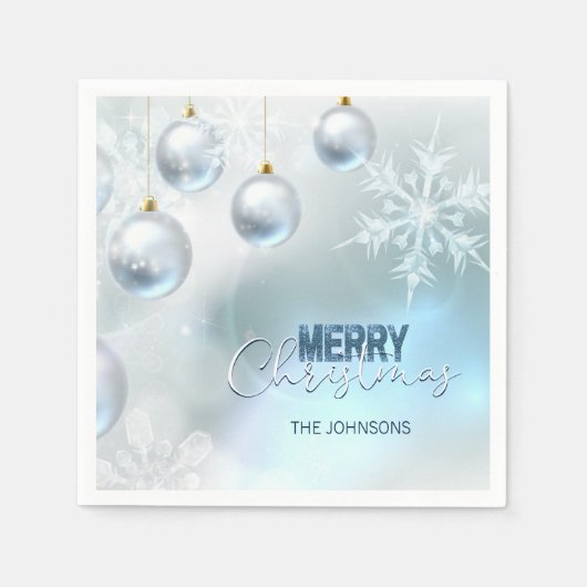 Serviette En Papier Baubles d'argent bleu Snowflakes NOËL (Devant)