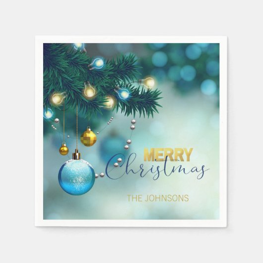 Serviette En Papier Baubles d'or bleu personnalisées Arbre NOËL (Devant)