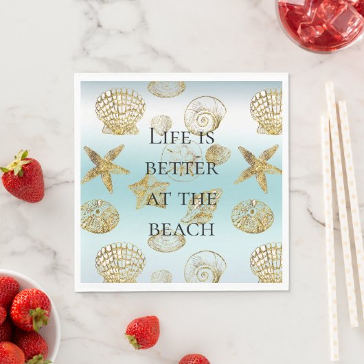 Serviette En Papier Beach Gold Sea Shells Aqua Blue Ombre (En situation)