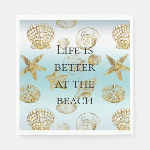 Serviette En Papier Beach Gold Sea Shells Aqua Blue Ombre