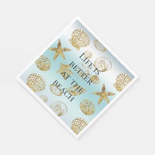 Serviette En Papier Beach Gold Sea Shells Aqua Blue Ombre (Coin)