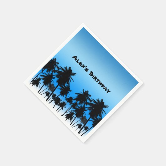 Serviette En Papier Beach Palm Trees Noir & Bleu Anniversaire (Coin)