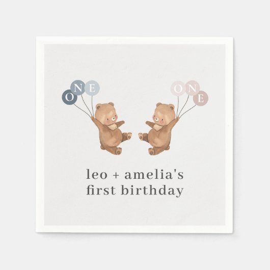 Serviette En Papier Bear Boy Girl Twins - Joint 1er Anniversaire (Devant)