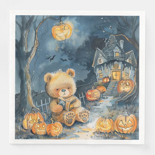 Serviette En Papier Bear d'Halloween à l'aquarelle mignonne pour la fê (Devant)