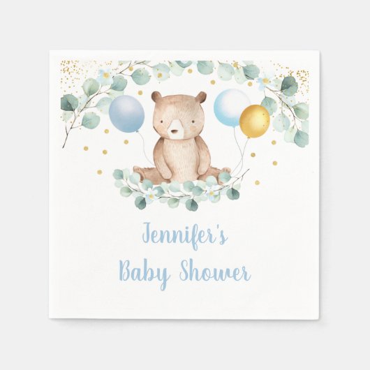 Serviette En Papier Bear Greenery Gold Blue Boy Baby shower (Devant)