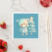 Serviette En Papier Bear mignonne et sapin de Noël Turquoise (En situation)