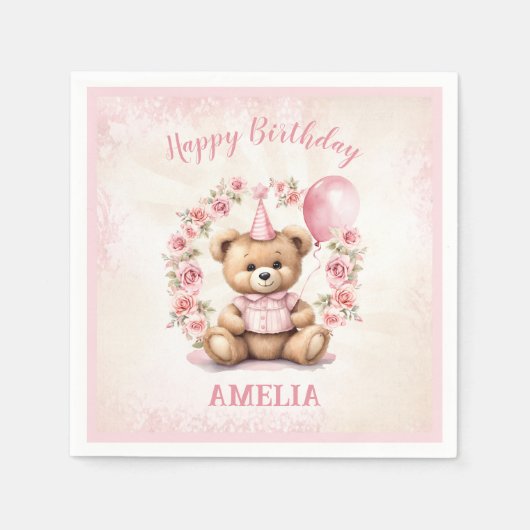 Serviette En Papier Béary 1er anniversaire Pink Teddy Papier (Devant)