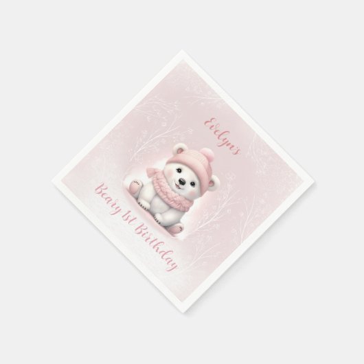 Serviette En Papier Béary d'hiver 1er anniversaire Ours rose (Coin)