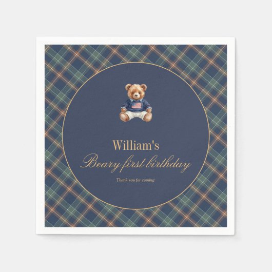Serviette En Papier Beary First Navy Plaid Teddy Bear Boy Birthday  (Devant)