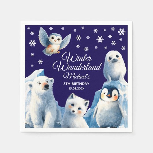 Serviette En Papier Beau Animaux arctiques Bleu Hiver Anniversaire des (Devant)