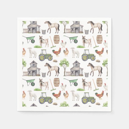 Serviette En Papier Beau Animaux De Ferme Tracteurs Joyeux Anniversair (Devant)
