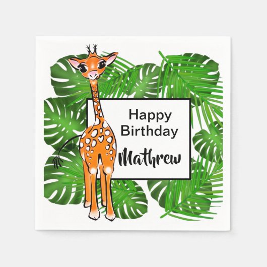 Serviette En Papier Beau Anniversaire Animaux Safari | forêt tropicale (Devant)
