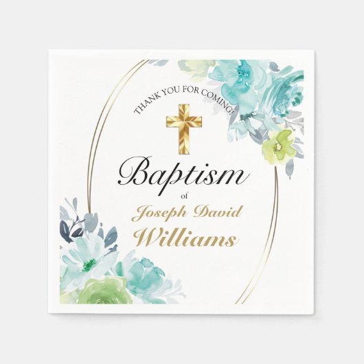 Serviette En Papier Beau bleu Floral Croix d'or Baptême bébé (Devant)