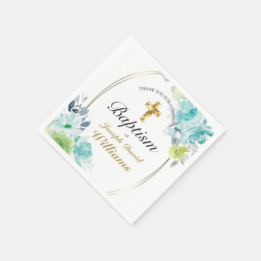Serviette En Papier Beau bleu Floral Croix d'or Baptême bébé (Coin)