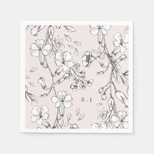 Serviette En Papier Beau Blush Floral Monogramme Mariage esquissé (Devant)